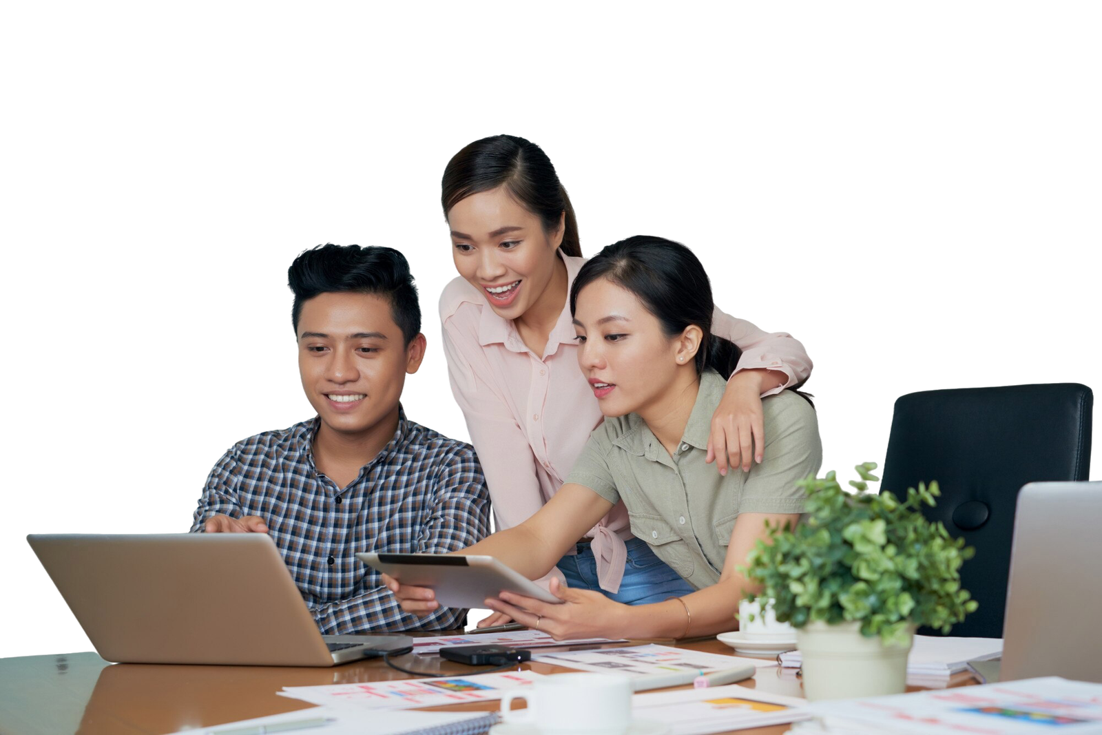 Excited Asian Colleagues Looking at Laptop Screen Together in Office